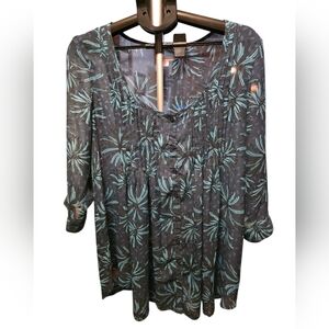 Xhilaration XXL Sheer Floral Blouse Teal Black Button Front Flowy Boho Top